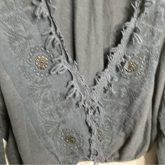 Free People Top Desert Sands Black Embroidered Fringe Boho Peasant Shirt Casual - Picture 4 of 10